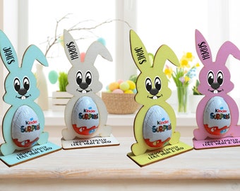 Personalised Easter Egg, Kinder Egg Holder Decoration Bunny Treat Kinder Hunt Gifts Kid Boy Girl - Pink, Blue or White Bunny