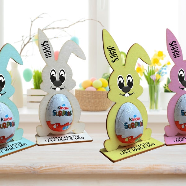 Personalised Easter Egg, Kinder Egg Holder Decoration Bunny Treat Kinder Hunt Gifts Kid Boy Girl - Pink, Blue or White Bunny