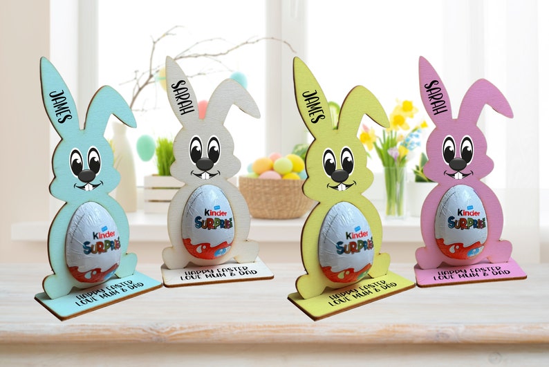 Personalised Easter Egg, Kinder Egg Holder Decoration Bunny Treat Kinder Hunt Gifts Kid Boy Girl Pink, Blue or White Bunny image 1