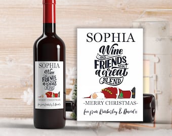 x1 Personalised Christmas wine bottle labels, wine bottle Stickers Funny Gifts Stocking fillers tree "Wine and friends are always"