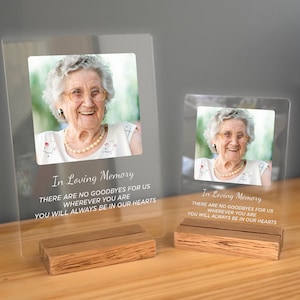 Gepersonaliseerde foto gedenkplaat massief eikenhouten standaard ter liefdevolle herinnering aan condoleance herdenking verlies sympathie geschenkbord