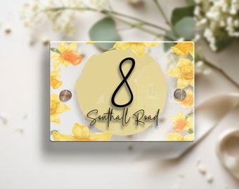 Daffodil Bespoke Modern contemporary house sign plaque door number Watercolor door sign personalised acrylic door Flowers