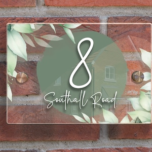 Eucalyptus House Sign Plaque Modern contemporary door number sign Personalised acrylic Custom Botanical watercolor flower