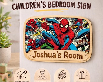 Personalised Spidey Name Sign | Boys Bedroom Wooden Door Plaque | Engraved Superhero Sign | Kids her Gift
