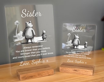 Personalised Sisters Gift with Solid Oak Stand and a Winnie the Pooh Art & Quote , Sister Birthday, Ideas,