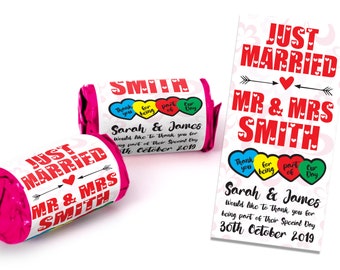 Personalised Mini Love Hearts Wedding Favours Just Married for Guests Gift Thank You Table Favours. Suitable for Vegetarians
