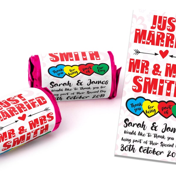 Personalised Mini Love Hearts Wedding Favours Just Married for Guests Gift Thank You Table Favours. Suitable for Vegetarians