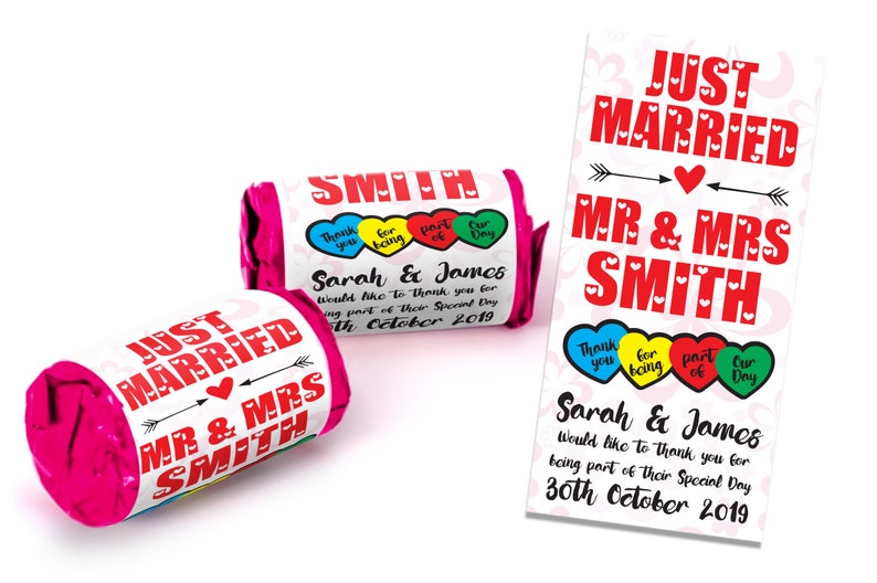 Personalised Mini Love Hearts Wedding Favours Just Married for Guests Gift Thank You Table Favours. Suitable for Vegetarians image 1