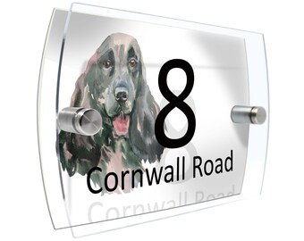 English Springer Spaniel Dog Modern House number Property Sign Name and Number Street Wall Watercolour