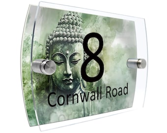 Buddha Zen Religious Modern House Sign – Watercolor Background – Personalised House Number Plaque House warming gift Door wall sign New Home