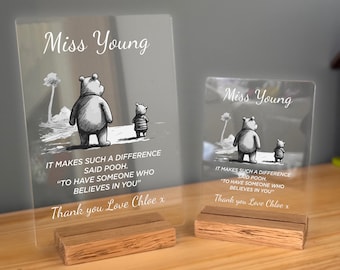 Personalised Teacher Gift Plaque, Solid Oak Stand from Thank You Teacher Gifts Best Teacher Leaving Present -  Winnie the Pooh Art & Quote