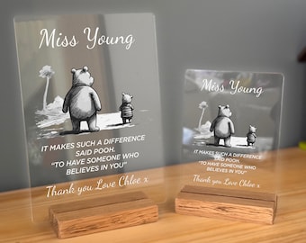 Gepersonaliseerde plaquette voor lerarencadeau, massief eiken standaard van Thank You Teacher Gifts Best Teacher Leaving Present - Winnie de Pooh Art & Quote