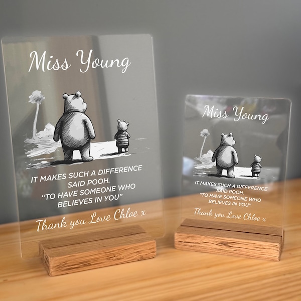 Personalised Teacher Gift Plaque, Solid Oak Stand from Thank You Teacher Gifts Best Teacher Leaving Present -  Winnie the Pooh Art & Quote