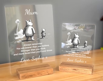 Personalised Mother's Day Plaque Gift, Solid Oak Stand from Daughter Son, Ideas, Gifts for Nan, Nanny Gift, Winnie the Pooh Art & Quote