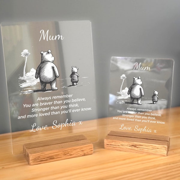 Plaque cadeau personnalisée pour la fête des mères, support en chêne massif de la fille de son fils, idées, cadeaux pour grand-mère, cadeau de nounou, oeuvre d'art et citation de Winnie l'ourson