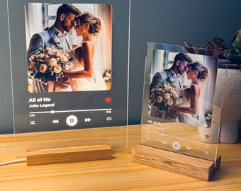 Personalised Song Plaque With Stand, Any Photo / Song, Any Playlist, Photo and Music Gift, Music Prints, LED stand, Quality Solid Oak Stand