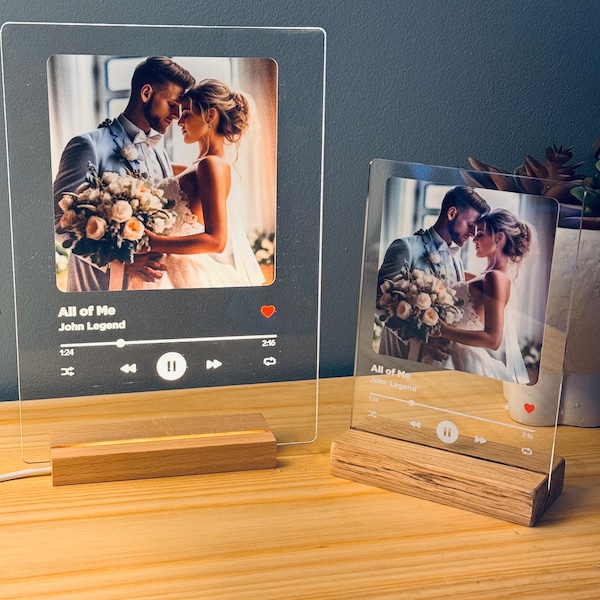 Personalised Song Plaque With Stand, Any Photo / Song, Any Playlist, Photo and Music Gift, Music Prints, LED stand, Quality Solid Oak Stand