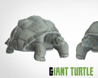 May include: Two gray, detailed turtle sculptures are displayed side-by-side. The turtles have textured shells and realistic features. The text "GIANT TURTLE" is displayed in green and black at the bottom of the image.