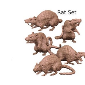 May include: Set of five brown rat figurines in various poses. The rats are all facing forward with their mouths open and their teeth showing. The rats are all standing on their hind legs and have their tails curled up behind them.
