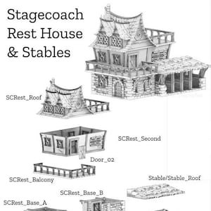 Puede incluir: Un dibujo en blanco y negro de una casa de descanso de diligencias y establos. El dibujo muestra el exterior del edificio, incluyendo el techo, el segundo piso, el balcón, la base y las puertas. El texto "Stagecoach Rest House & Stables" está en la parte superior del dibujo.