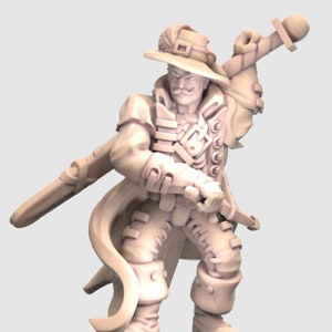 Op de afbeelding: Een miniatuurfiguur van een fantasy-personage dat een bruine jas, een brede hoed met een veer en een zwaard draagt. Het personage heeft een snor en een vastberaden uitdrukking.