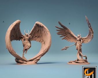 May include: Two detailed, beige-colored angel figurines with large, feathered wings. One figure is mid-stride, framed by a circular wing design. The other holds a spear. The text "PRE-SUPPORTED STL" is at the bottom, with a logo.