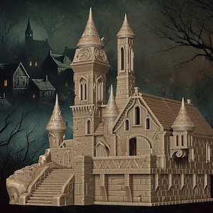 May include: A detailed model of a gothic-style building with multiple spires, towers, and a clock tower. The building is a light tan color and sits in front of a dark, ominous background with a village and bare trees. The model has a stone-like texture.
