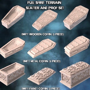 May include: A set of nine miniature coffins for tabletop gaming. Three wooden coffins with lids, three metal coffins with lids, and three ornate coffins with lids.  The coffins are all closed and are made of a light brown plastic.