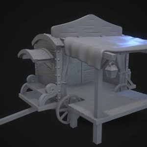 May include: A gray, miniature wooden wagon with a covered stall and a small door. The wagon has a long tongue, a large wheel, and decorative scrollwork. Two lanterns hang from the stall's roof.