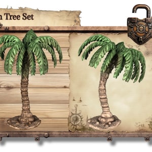 May include: A set of two palm trees, each with a brown trunk and green fronds. The trees are displayed on a wooden background with a vintage map and a metal frame. The text "Palm Tree Set" is visible at the top of the image.