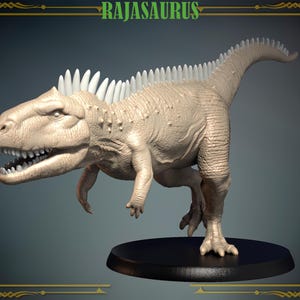 May include: A detailed, hand-painted miniature of a Rajasaurus, a large theropod dinosaur with a spiky crest and a toothy grin. The miniature is painted in a pale beige colour and is posed in a dynamic running stance.
