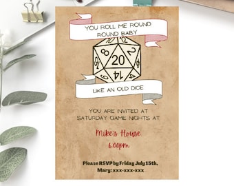 Uitnodiging voor D&D-gameavond: grappige D20-dobbelstenen (digitaal bestand)