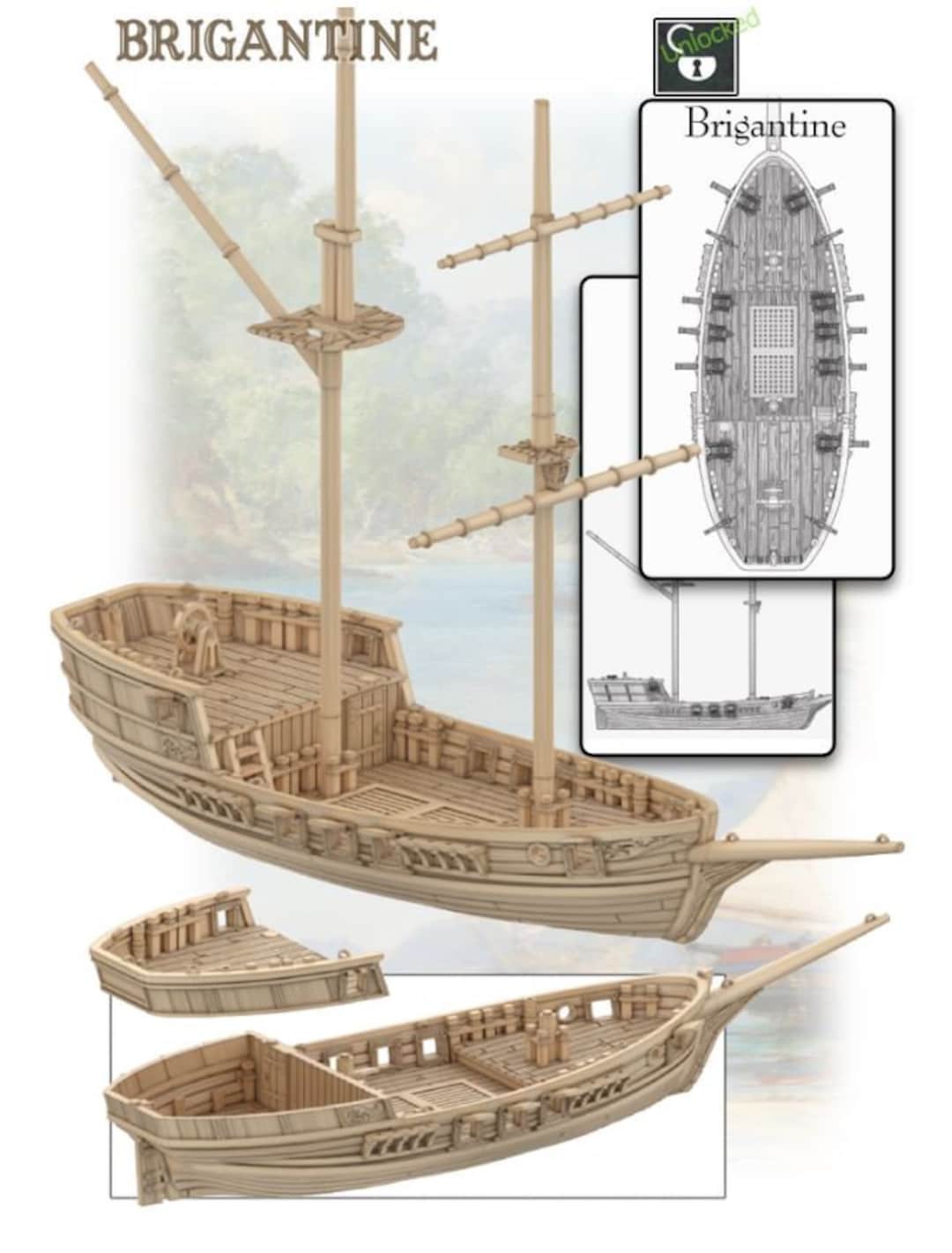 Brigantine Ship Boat Treasure Island Ideal for Dungeons and Dragons and
