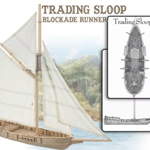 Può includere: Un kit di modellismo navale in legno di uno sloop mercantile, un tipo di piccola nave a vela utilizzata per il commercio. Il kit comprende lo scafo, gli alberi, le vele e altre parti. Il modello è mostrato assemblato e in navigazione sull'acqua. L'immagine include anche uno schema del piano del ponte della nave e una vista laterale della nave.
