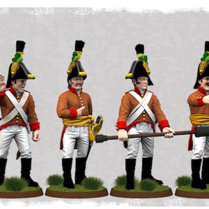 May include: Six miniature figures of soldiers wearing red and white uniforms with black hats and green plumes. The figures are posed in different stances, some holding weapons and others with their hands raised.