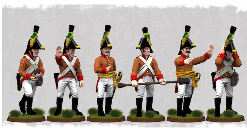 May include: Six miniature figures of soldiers wearing red and white uniforms with black hats and green plumes. The figures are posed in different stances, some holding weapons and others with their hands raised.