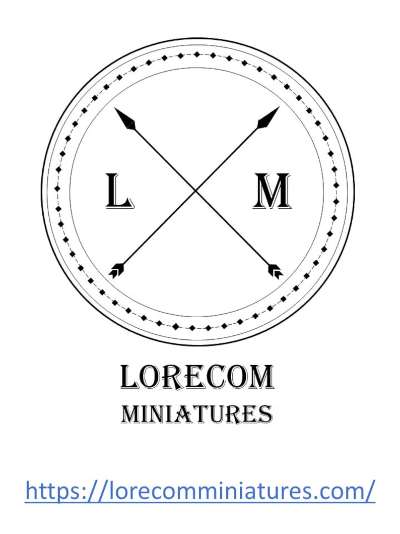 May include: Black and white logo with a circle containing two arrows crossing each other. The letters "L" and "M" are on either side of the arrows. The text "LORECOM MINIATURES" is below the circle. The text "https://lorecomminiatures.com/" is below the text.