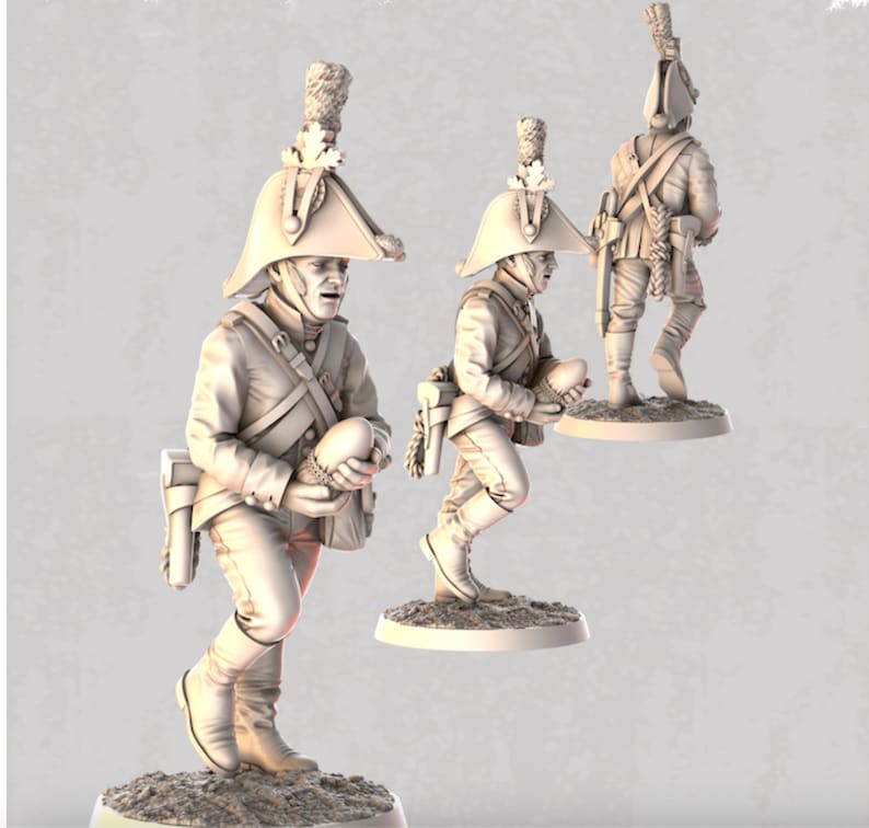 May include: Three miniature figurines of soldiers wearing white uniforms and hats with feathers. Each soldier is holding a small white ball in their hands. The figurines are standing on round bases.