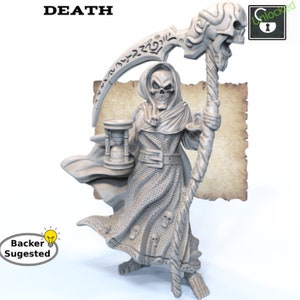 May include: A skeletal figure in a hooded robe holds a scythe and an hourglass. The figure is standing on a parchment background with the word "DEATH" at the top.