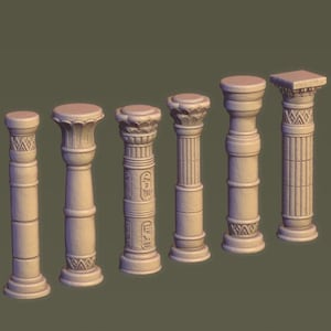 May include: Set of seven decorative columns in various styles, all made of a light beige material. The columns are all different heights and have intricate carvings.