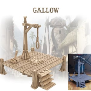 Può includere: Un patibolo di legno con un cappio appeso alla trave. Il patibolo è su una piattaforma con una botola e dei gradini. La piattaforma è fatta di assi di legno. Il patibolo è dipinto di un colore marrone chiaro. La piattaforma è dipinta di un colore marrone scuro. Il cappio è fatto di corda. La botola è fatta di legno. I gradini sono fatti di legno. Il patibolo è un modello in miniatura.