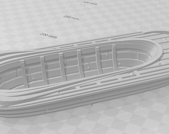 Könnte beinhalten: Ein graues Holzbootmodell mit detailliertem Innenraum. Das Boot ist etwa 50 cm lang und hat einen abgerundeten Rumpf.