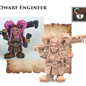 Puede incluir: Una figura miniatura pintada de un ingeniero enano con cabello rosado, vistiendo un chaleco de cuero marrón y sosteniendo una llave inglesa. La miniatura está colocada sobre un fondo de pergamino marrón.