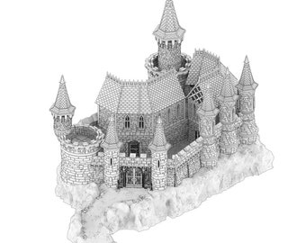 May include: A detailed line drawing of a stone castle with multiple towers, a drawbridge, and a path leading up to the entrance.