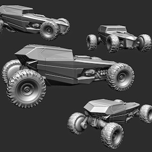 May include: A 3D model of a futuristic, off-road vehicle with a boxy design and large wheels. The vehicle is rendered in grayscale and appears to be a concept design.