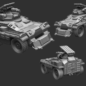 May include: A gray, detailed model of a futuristic military vehicle with a missile launcher on top. The vehicle has a large, flat front with a plow-like attachment. The model is made of plastic and is approximately 10 cm long.