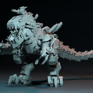 May include: A grey, mechanical dinosaur model with multiple gun barrels and a detailed, armoured design. The model features a long tail and is set against a dark background, showcasing its intricate construction.