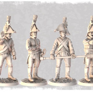 May include: Six white plastic figurines of soldiers wearing hats and holding weapons. The soldiers are in various poses, including standing, walking, and holding a rifle.