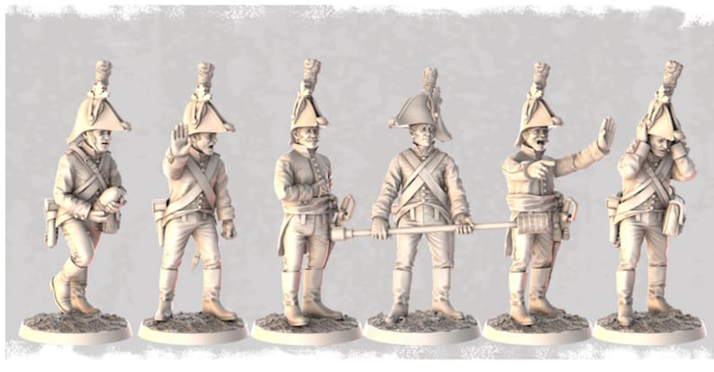 May include: Six white plastic figurines of soldiers wearing hats and holding weapons. The soldiers are in various poses, including standing, walking, and holding a rifle.