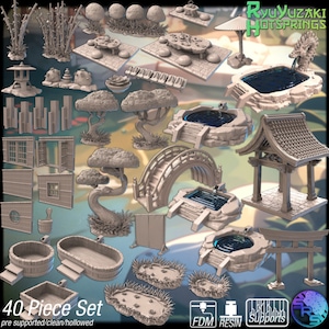 May include: A 40-piece set of 3D printed Japanese garden miniatures, including a bridge, pagoda, bonsai trees, lanterns, and various ponds. The set is pre-supported and hollowed for easier printing.